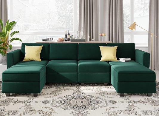 Belffin Modular Sectional Sofa Oversized U Shaped Sectional Couch with Reversible Chaise Velvet Modular U Shape Sofa with Storage Seat Green