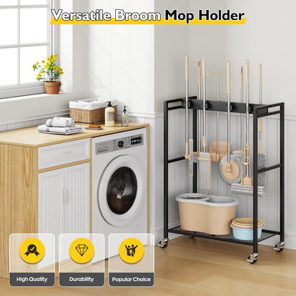 BORISI Broom And Mop Holder, Movable Broom Closet Storage Cabinet, Cleaning Cart with Mop Hanger Gripper Rack, Janitorial Cart, Utility Carts, Laundry Room Organization Home Essentials