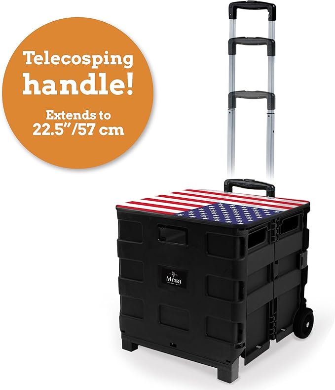 Inspired Living Collapsible Ultra-Slim Pack-N-Roll,2 Wheel Utility Cart w/Lid Used as Seat up to 250 Lbs, Telescopic Handle, Super Strong, for Home,Garden,Shopping,Office,School, Large, American Flag