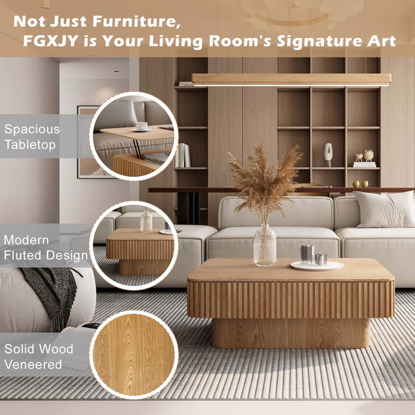 Lift Top Coffee Table with Storage, Solid Wood Coffee Table with Adjustable Height, Fluted Center Table Accent Tea Table for Living Room, Apartment, Office (38.6" Natuall)