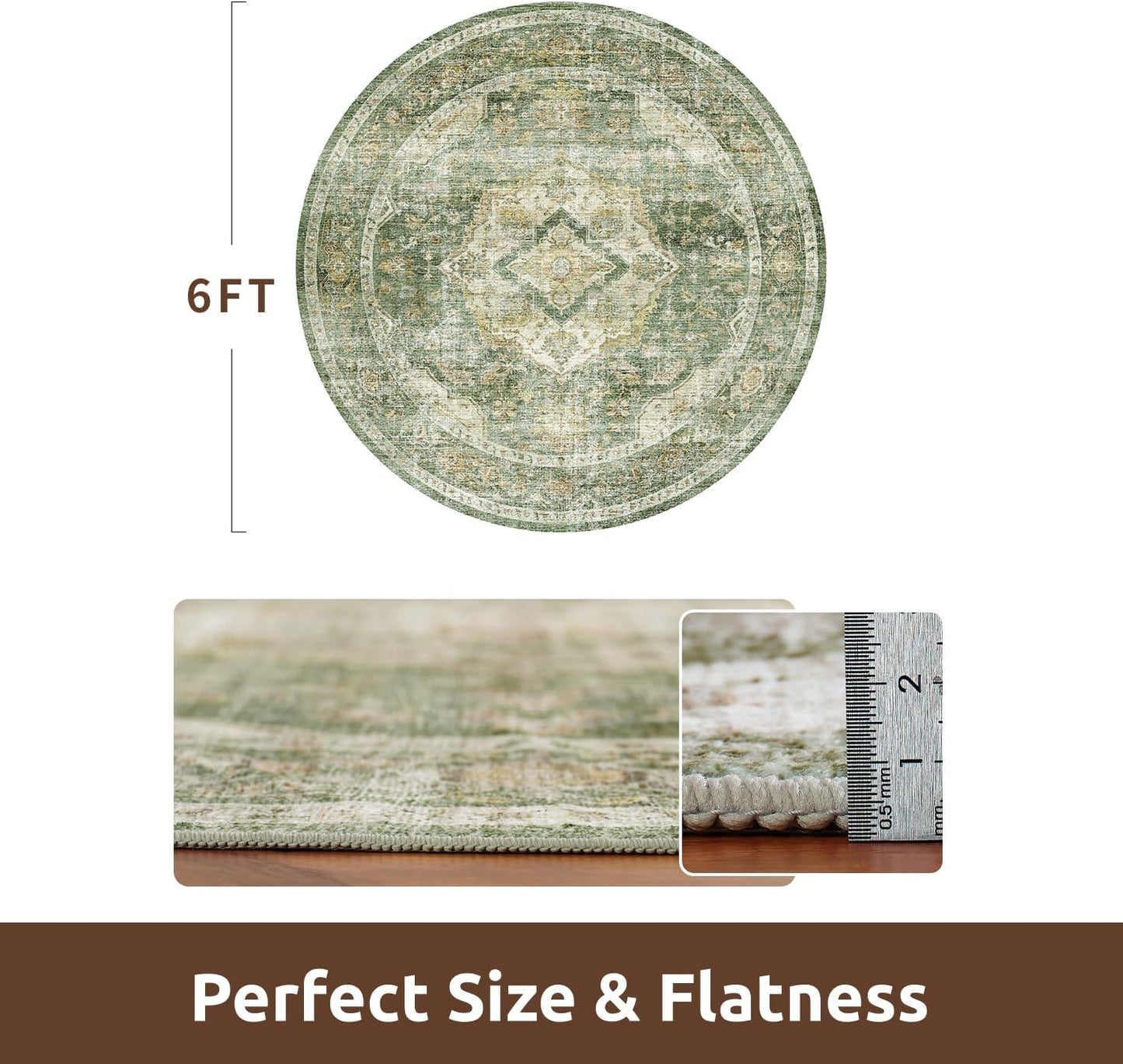 AMOAMI-6FT Round Rug-Rugs for Living Room-Vintage Soft Olive Green Rugs for Bedroom-Non Slip Circle Rug-Machine Washable Rug for Dining Room Living Room Bedroom Office Under Table