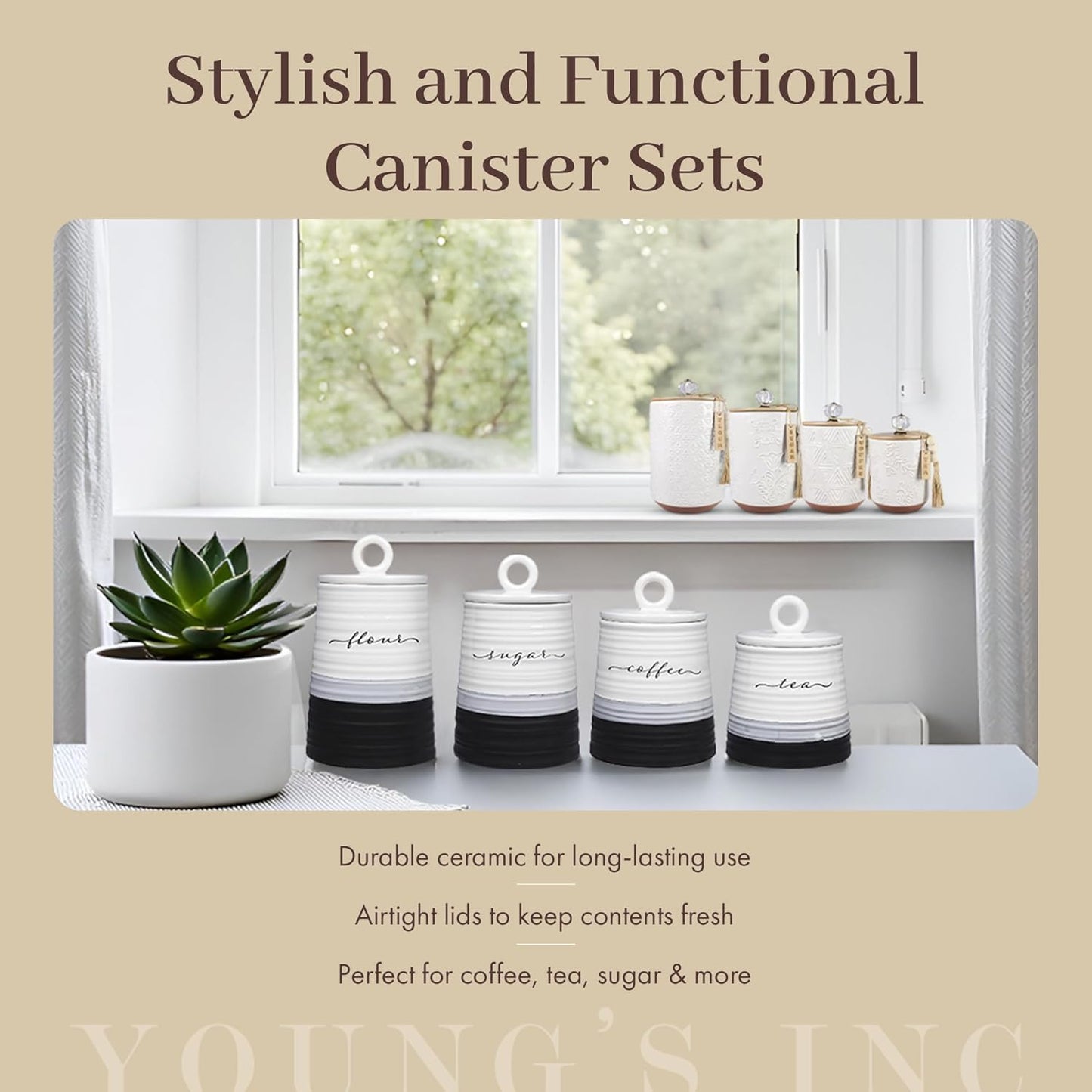 Young's Inc. 4 Pcs Set Rustic Modern Ceramic Canisters- Storage Container for Kitchen and Bathroom - Beautiful Home Decor Accent to Store Food, Coffee, Tea, and More - Black, White
