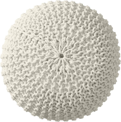 Ornavo Home Pouf Ottoman Foot Rest - 100% Cotton Pouffe - Hand Knitted Cable Braid Cord - Boho Round Stuffed Ottoman for Living Room, Bedroom - Natural