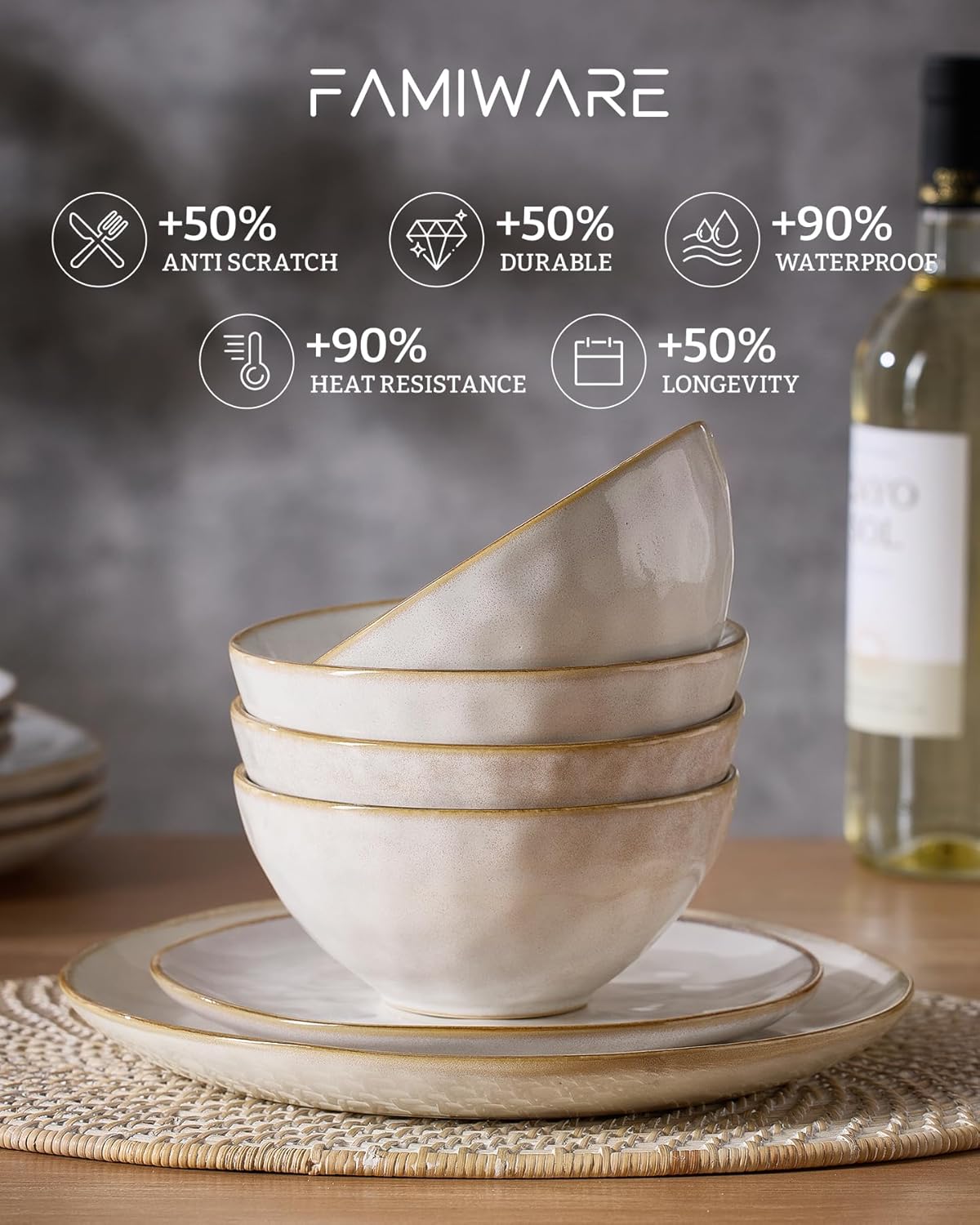 Famiware Dinnerware Sets for 8, Ocean Round 24-Piece Kitchen Plates and Bowls Sets, Reactive Glaze, Microwave and Dishwasher Safe, Scratch Resistant, Cappuccino White