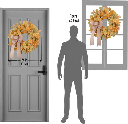 Fall Wreath for Front Door 24 Inch, Autumn Colored Faux Leaves Wreath with Bow, Simple & Minimalist Fall Decoration for Home Farmhouse Door Wall Window Indoor/Outdoor