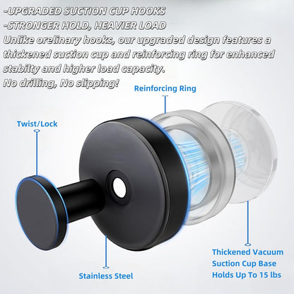 2025 Upgraded Stainless Steel Heavy Duty Suction Cup Hooks For Shower Bathroom Accessories Removable Hook For Glass Window Door Wall Hooks For Hanging Towels Robes Wreaths (Pack Of 2, Black)