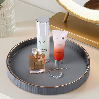 KINGFOM Decorative Serving Tray, PU Leather Valet Nightstand Desk Organizer for Men Women, Round Tray Decor for Coffee Table/Home Decor, Modern Decorative, Centerpiece (Gray)