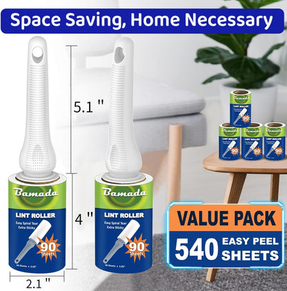 Sticky Lint Roller for Pet Hair: Lint Remover for Dog Cat Hair Mega Value Set 540 Sheets 2 Handles+6 Rollers Fur Removal for Clothes Couch Furniture