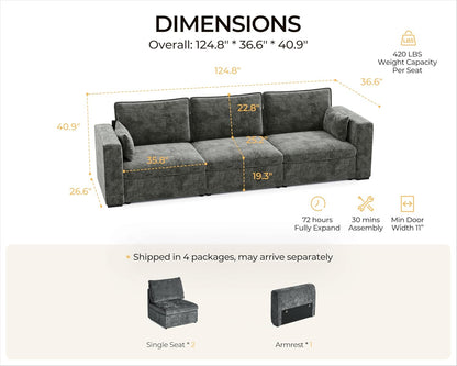 Oversized Modular Sofa Comfy Cloud Couch with Storage, Extra Deep Plush Sectional Sofa Set for Living Room, Covers Washable, Chenille, Olar (Grey, 3-Seater, Basic Shape)