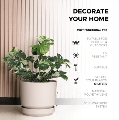 Elly Décor 14 inch Plastic Cylinder Planter Pot with Self-Watering Saucer and Drainage Hole,Lightweight & Extremely Durable, 14"x 14", Ivory