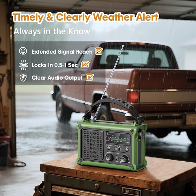 Raynic NOAA Weather Radio 12000mAh, Emergency Weather Radio with 2X Faster Solar & Hand Crank Charging, 5W Flashlight, Reading Lamp, Cell Phone Charger, SOS for Hurricane, Storm, Camping