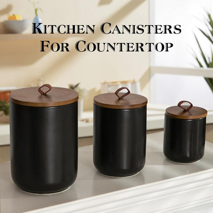 Black Ceramic Canister Set with Wooden Lid, 3-Piece Food Storage Jars for Kitchen Counter, Storage Container for Coffee, Tea, Spice, Sugar, Grains, Salt