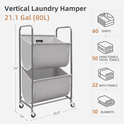 STORAGE MANIAC 80 Liters Vertical Rolling Laundry Hamper, 2 Section Laundry Sorter with Wheels and 2 Breaks, 2-tier Laundry Baskets for Small Space, Dorm, Laundry Room, Closet, Bathroom, Gray 2-tier