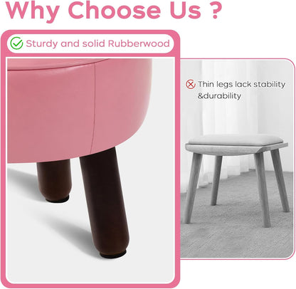 Small Foot Stool Round Pouf Ottoman, 13'' Leather Foot Rest with Non-Skid Rubber Legs, Foolstool Ottomans for Couch, Sofa Footrest Step Stool for Living Room Bedroom Entryway Office, Pink