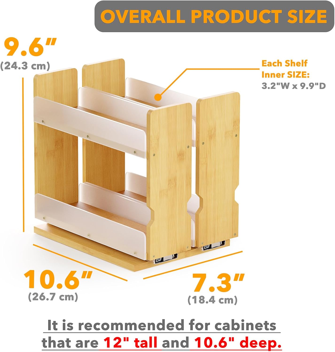 SpaceAid Bamboo Pull Out Spice Rack Organizer for Cabinet, Heavy Duty Slide Out Seasoning Kitchen Pantry Sliding Vertical Organization, 7.3" Wide, 2 Drawers(3" Wide), 2-Tier, Natural