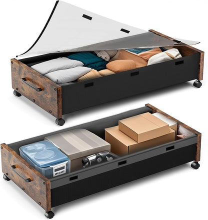 Wooden Under Bed Storage with Wheels, 80L Extra-large Rolling Under the Bed Storage Bins 2 Pack with Removable Lid, Upgrade Metal Under Bed Drawers for Clothes Shoes Blankets in Bedroom