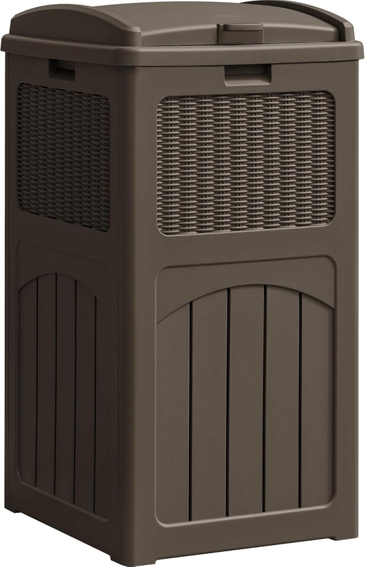 YESHOMY 33 Gallon Resin Outdoor Trash Can with Lid, Hideaway Waterproof Patio Garbage Bin, Brown