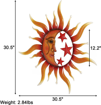 TICKCACY Metal Sun Wall Art Decor, 30.5” Large Sun And Moon Sculpture for Indoor Outdoor, Moon And Sun Wall Hanging Decor for Living Room Farmhouse Yard Garden Patio