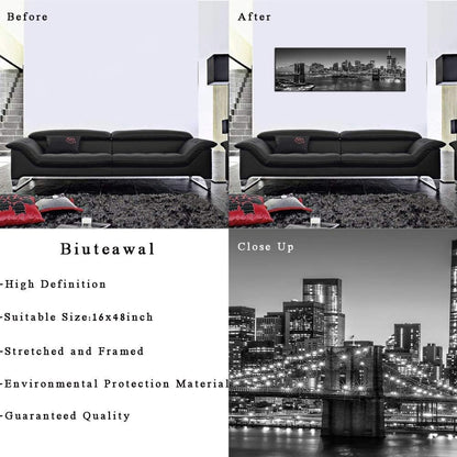 Biuteawal - Black and White Brooklyn Bridge Canvas Wall Art New York City Picture Print Manhattan Night Skyline Painting on Canvas Modern Home Office Wall Decoration Ready to Hang