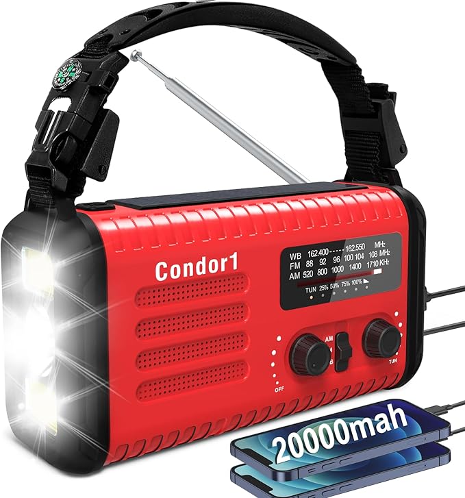 Emergency Weather Radio, 20000mAh Solar Hand Crank NOAA AM FM Radio, Battery Powered, SOS Alarm, LED Reading Lamp & Flashlight for Home Hurricane Outdoor Survival (Red)