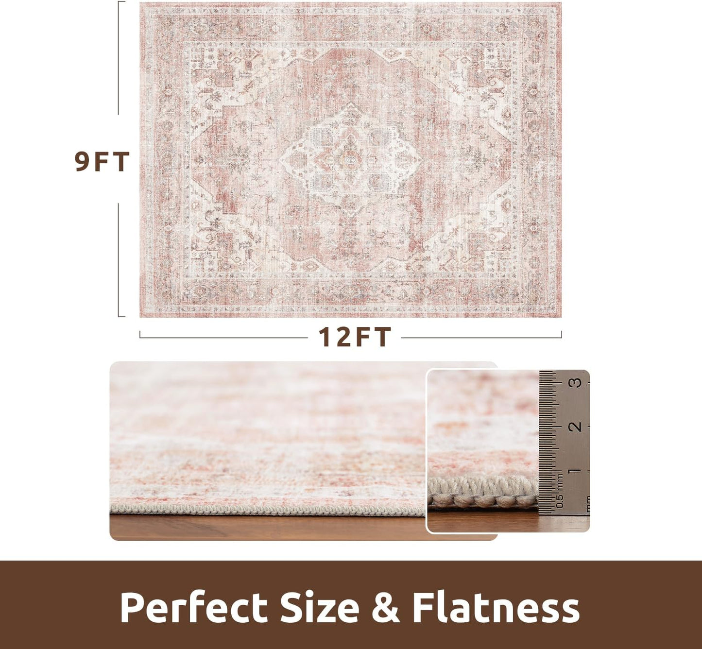 AMOAMI-Area Rug 9X12 Rugs for Living Room-Vintage Soft Pink Rugs for Bedroom-Non Slip Carpet-Washable Rug for Dining Room Living Room Bedroom Office Under Table