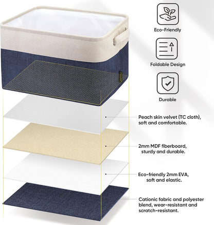 BALEINE 4 Pack Fabric Storage Bins for Shelves, Linen Storage Baskets for Organizing, Decorative Closet Bins for Clothes, Home (Navy Blue, 15"x11"x9.5")