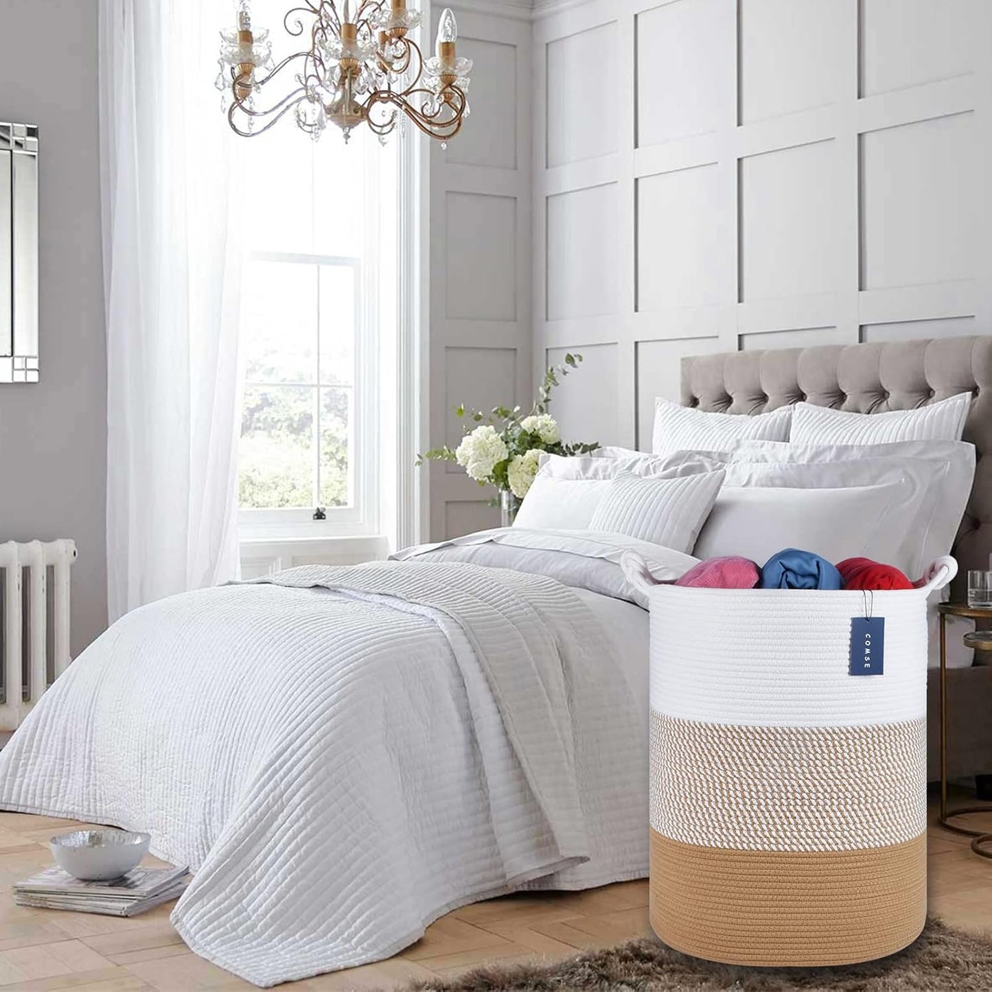 COMSE Extra Large Blanket Basket, Tall Woven Storage Basket, Nursery Hamper, 15.7”x 21.7”, Cotton Rope Laundry Hamper for Toys Clothes Towels, White/Camel