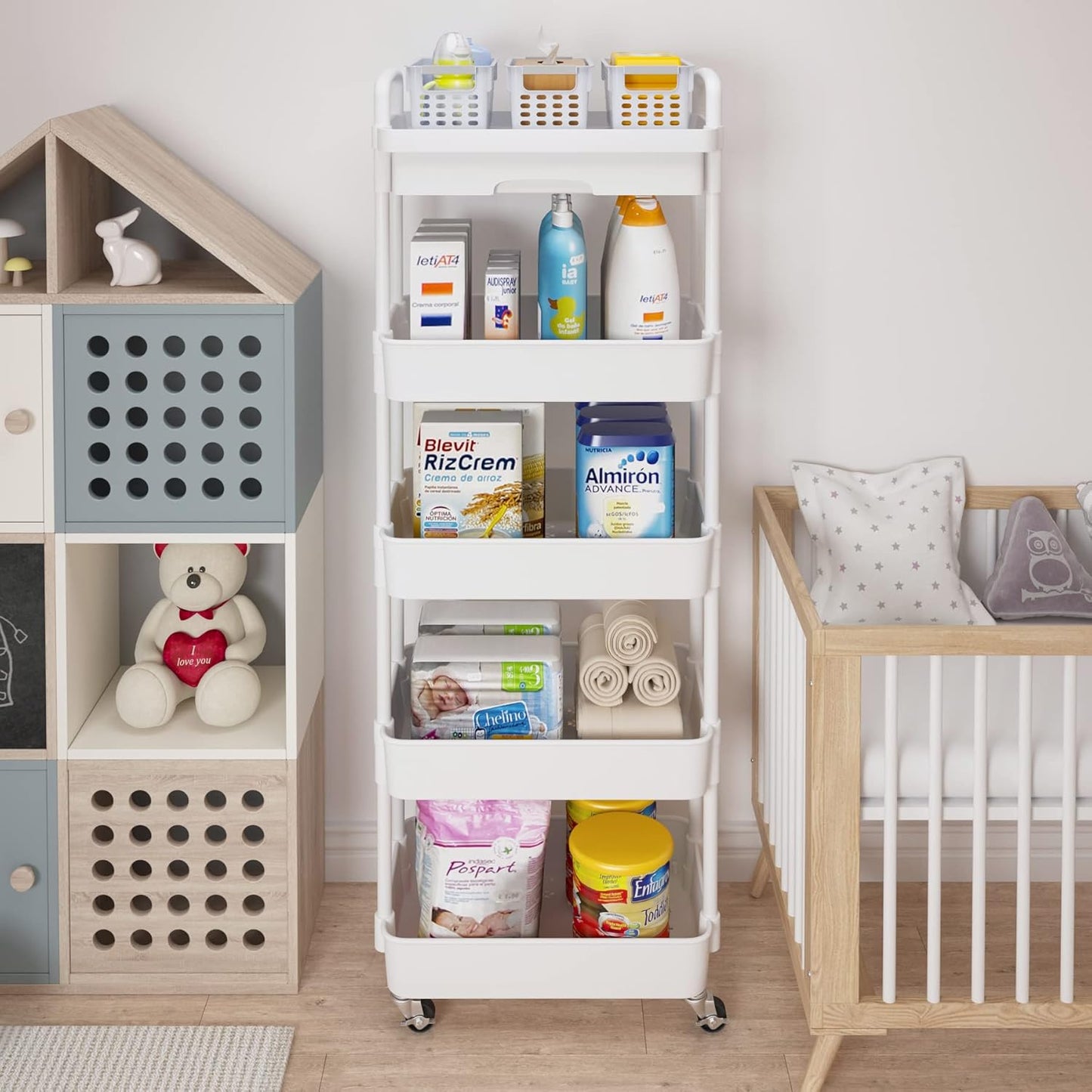 Calmootey 5-Tier Rolling Utility Cart with Drawer,Multifunctional Storage Organizer with Plastic Shelf & Metal Wheels,Storage Cart for Kitchen,Bathroom,Living Room,Office,White