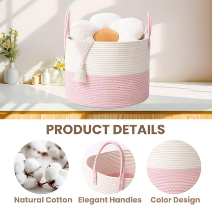 Woven Blanket Basket,65L Large Rope Storage Bin with Handles, Organizer for Blankets Toys Book and Clothes, Laundry Basket for Living Room Bedroom Nursery,White&Pink