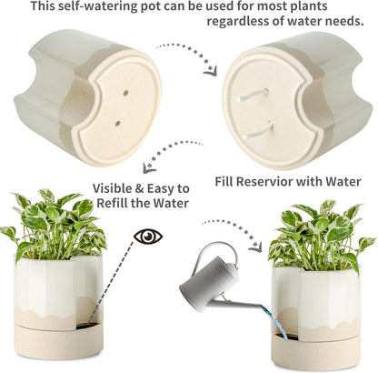 Nihow Self Watering Plant Pot: 8 Inch Ceramic Planter with Drainage Hole & Water Storage Plus for Indoor & Outdoor Plants - Cylinder Round Flower Pot for Succulent/Herbs/Violets - White & Wave Nature