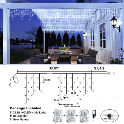Icicle Lights for Outside, 33FT 400 LED Icicle Christmas Lights with 8 Modes 75 Drops, Waterproof Plug in Curtain String Lights for Outdoor Indoor House Yard Roof Wedding Decorations, White