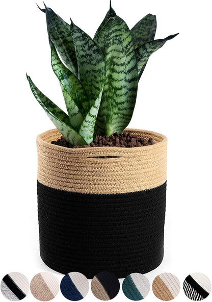 Woven Cotton Rope Plant Basket for 10" Flower Pot Floor Indoor Planters Flower Pot, Home Decor Storage Organizer H11 x W11 Black&Brown