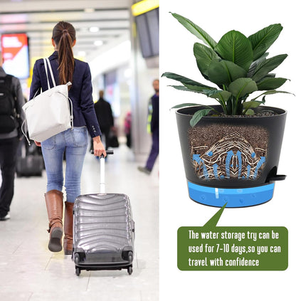 Self Watering Pots for Indoor Plants,12 inch Planters with Drainage Holes Plastic Flower Pots with Deep Reservoir, Black