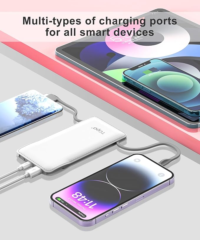 TG90° 10000mAh Power Bank Built-in Cables, Pocket Size USB C Portable Charger, 3A Fast Charging External Battery Pack, Travel Essential Phone Powerbank Compatible with iPhone Samsung iPad White