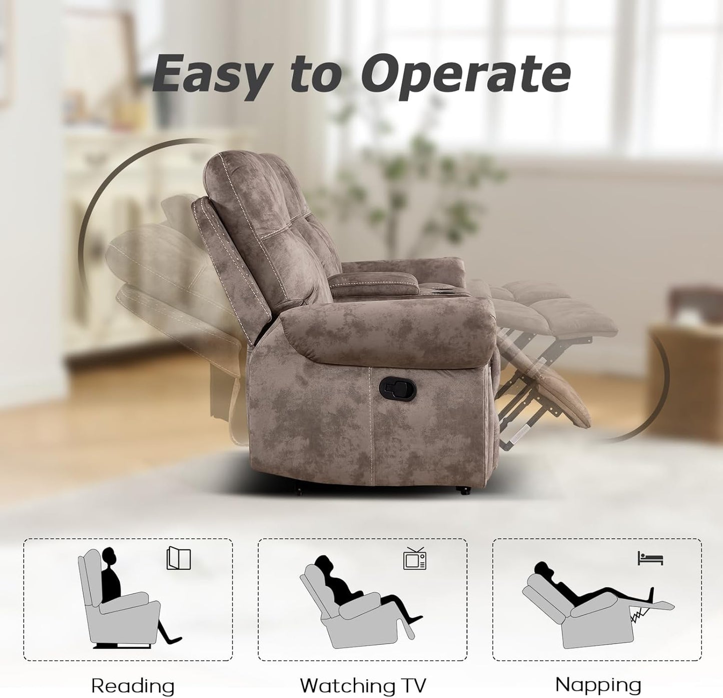 EBELLO 2 Pieces Reclining Couch Furniture Set for Living Room, 1 Seat Power Recliner Chair and a Manual Loveseat with Center Console, Hidden Storage and Cup Holders, Brown