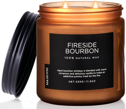 M&SENSE Fireside Bourbon Jar Candle, 11.6oz Clean Soy Wax Up to 70 Hours Burn Time Smoky Scent 2 Wick Cotton Fall Campfire Scented Candle for Home Decor Housewarming Gifts for Bathroom Office