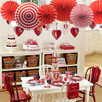 Party Hanging Paper Fans Set, Red Round Pattern Paper Garlands Decoration for Birthday Wedding Graduation Events Accessories, Set of 6