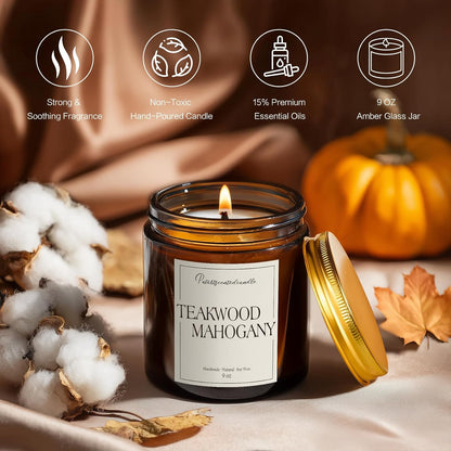 Mahogany & Teakwood Highly Scented Candles for Home, 9oz Natural Soy Aromatherapy Organic Candle with Essential Oil, Home Fragrance Stress Relief & Meditation Jar Candles Gifts for Men Women