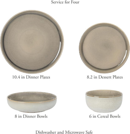 Gibson Elite Sunveil 16 Piece (Service for 4) Plates and Bowls Reactive Glaze Round Dishes Stoneware Ceramic Dinnerware Set -Taupe