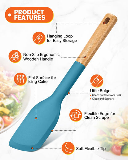 Cooking Spoon and Scraper for Nonstick Cookwares, Great for Cooking and Serving Durable BPA-Free Matte Silicone, Wood Handle Multifunction Spoon for Mixing, Scoop, and Scrape (BLUE)