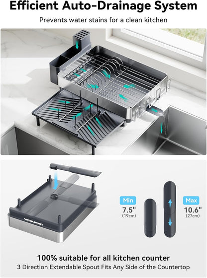 SUNLY Large Dish Drying Rack, Expandable Dish Racks for Kitchen Counter, Space Saving 304 Stainless Steel Drying Rack Kitchen, Extra Large Drainer with Multifunctional Flip Up Pegs, Gray