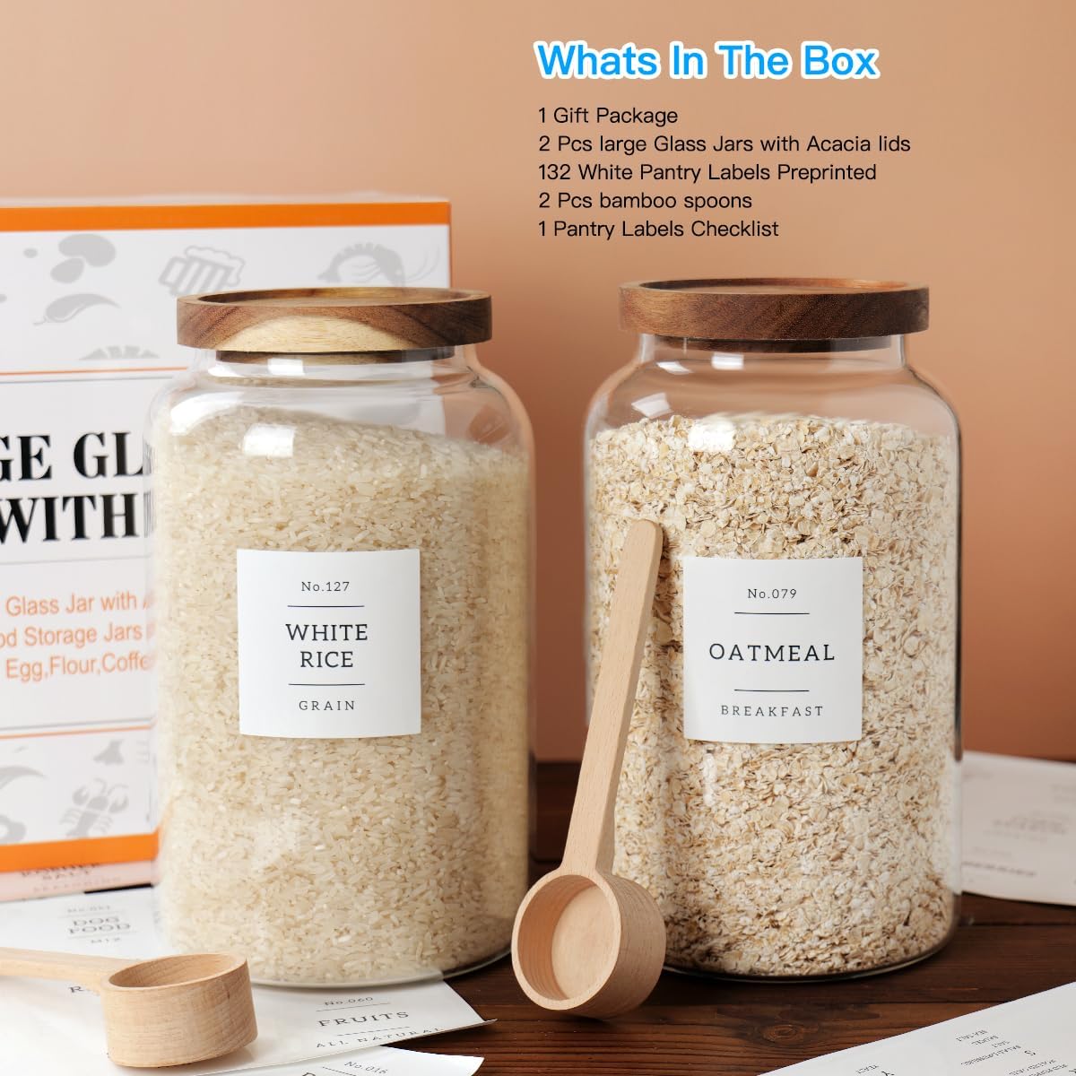 2 PCS Large Glass Jar with Airtight Lid, Glass Food Storage Jars for Tea,Spice,Cereal, Egg,Flour,Coffee and More(98 FL OZ/2800 ml)