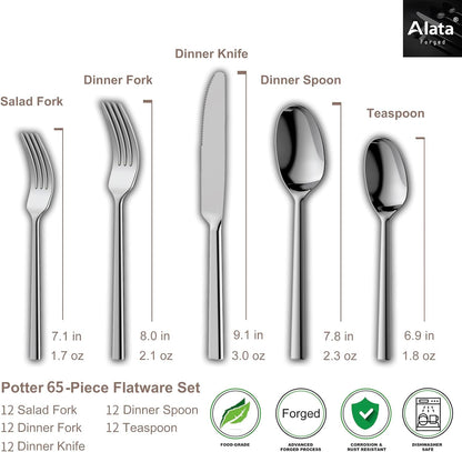 Alata Potter 65-Piece Forged Silverware Set, Service for 12 – Premium Stainless Steel Flatware Set, Modern Design with Satin Finish, Ideal for Home, Kitchen, Party, Camping