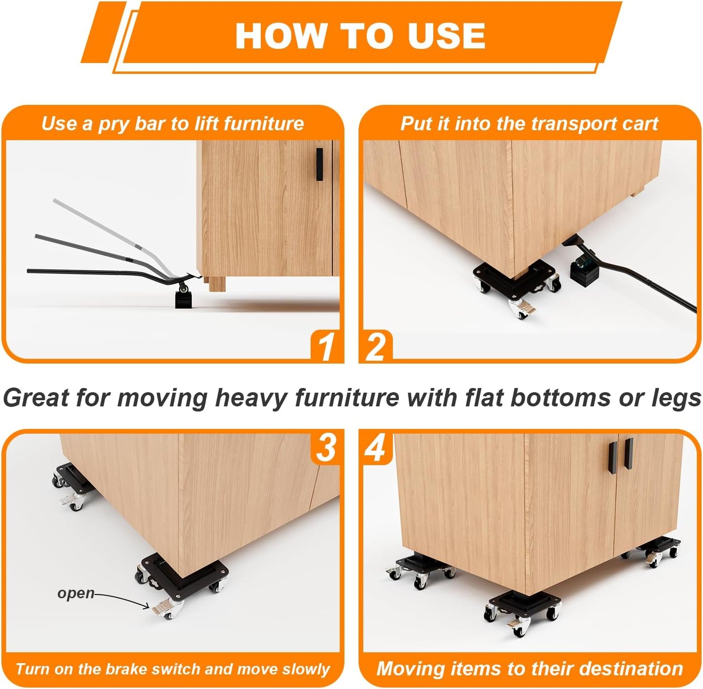 Furniture Dolly 5 Wheels Heavy Duty with Removable Side Guards,3307 Lbs Capacity,360° Rotating Wheels & Tail Brake,Furniture Movers Lifter Tool for Sofas,Beds, Appliances,–Stable,Safe,and Easy to Use
