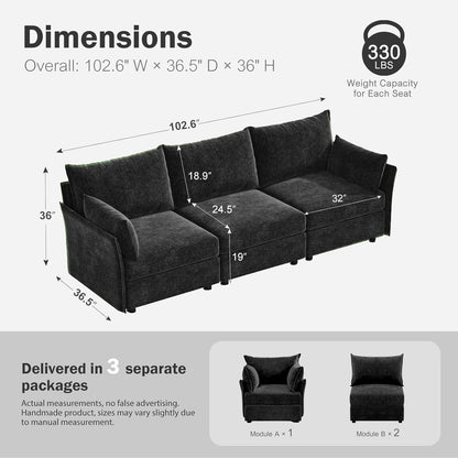 102.6" Modular Sectional Sofa, Oversized 3-Seater Couch with Removable Black Chenille Fabric Cover, Deep Seat & High Backrest for Living Room, Office & Apartment