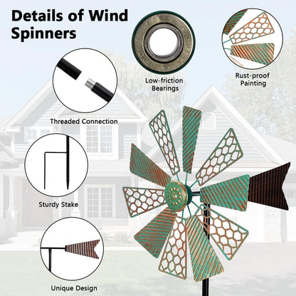 Viveta Wind Spinners Outdoor,13”Kinetic Wind Spinner Metal Vintage Windmill for Outdoor Garden Patio Yard Decor,Green