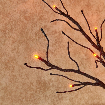 Hairui Lighted Tabletop Black Glittered Spooky Tree with Orange Lights 24 LED 18 Inches for Halloween Witch Decoration Battery Operated or USB Plug in Indoor Use