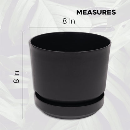 Elly Décor 8 inch Plastic Cylinder Planter Pot with Self-Watering Saucer and Drainage Hole,Lightweight & Extremely Durable, 8"x 8", Black