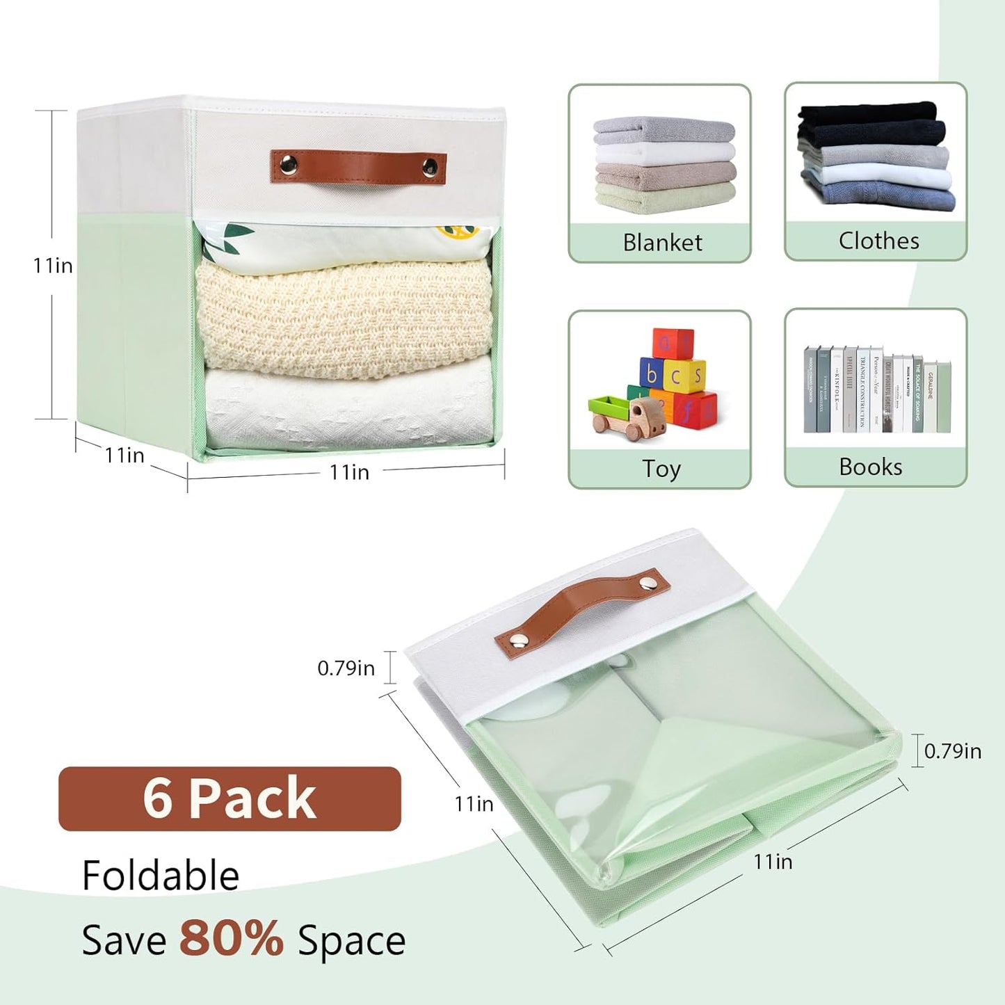 HNZIGE Clear Storage Cubes Bins 11 x 11, Fabric Storage Cube Bins for Storage Organizer,Shelf Storage Bin for Organizing, Cubby Foldable Cube Organizer Bin for Storage Blanket Home(White Green 6PCS)