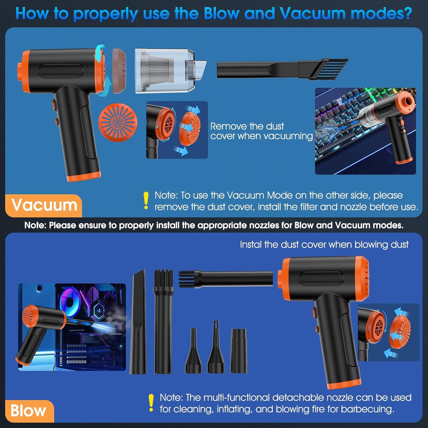 Compressed Air Duster, 100000RPM Handheld Car Vacuum/Air Blower& Pump, 3 Gear Adjustable Electric Air Duster/Car Vacuum Cleaner, Keyboard Duster with LED Light-10 Kits Air Blower for Computer(Orange)